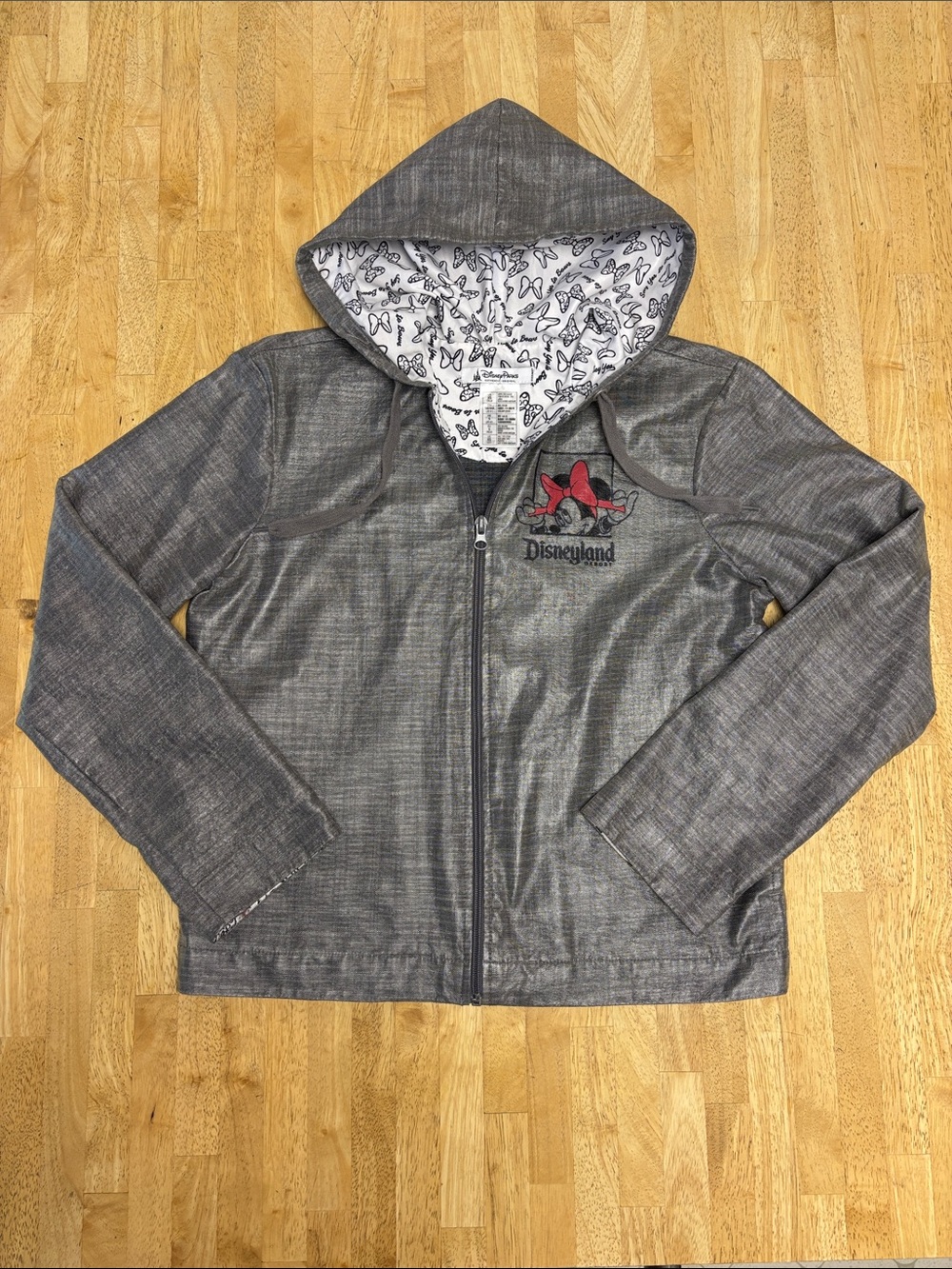 Disney Parks Minnie Mouse Grey Zip Up Hoodie Jacket XS Disneyland Chambray Bow